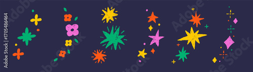 Set of playful multicolor star shape. Sparkle crayon chalk elements. Bright firework, decoration twinkle. Glowing light effect stars.