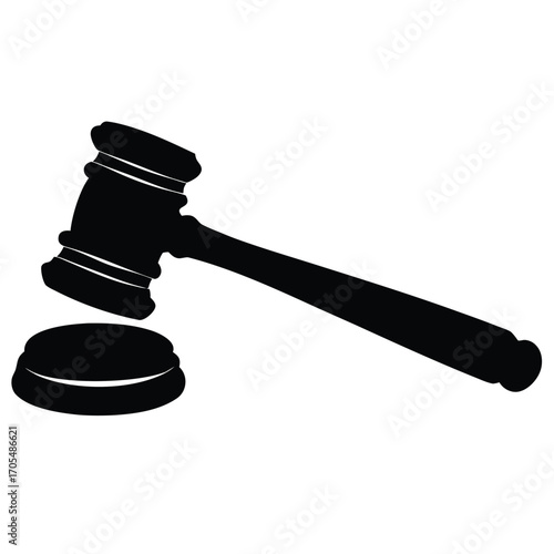 Vector silhouette of a judge’s gavel striking block, angled from the side with a longer handle 