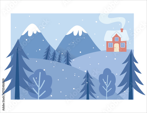 Winter Mountain Landscape with Snowy Forest and Cozy Red House Illustration