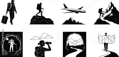 Travel icons, adventure silhouettes, hiking vector, air travel, mountain climbing, cave exploration, binoculars, road trip, navigation design, exploration concept, outdoor journey