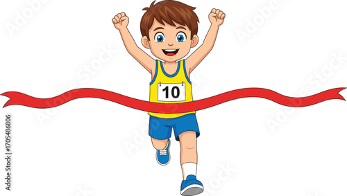 Cartoon boy crossing red finish ribbon with raised arms, smiling race winner in athletic outfit, sports success, celebration moment vector art