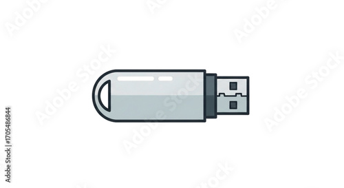 Silver USB Flash Drive on White Background.