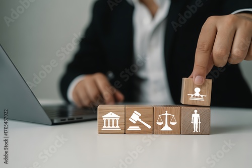 Person arranging wooden blocks with legal icons on a desk