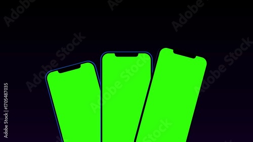 Triple Green Screen Phone Mockup Set for Seamless Chroma Key Editing and 4K Motion Graphics