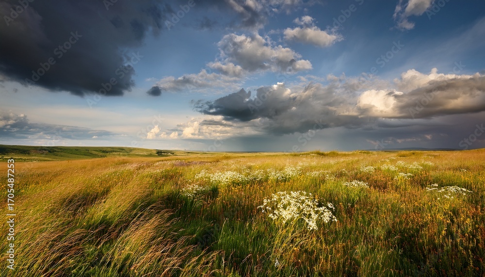 Obraz premium Expansive Grassland Under A Dramatic Cloudy Sky In Late Afternoon Light With Wildflowers And Tall Grass Swaying Gently