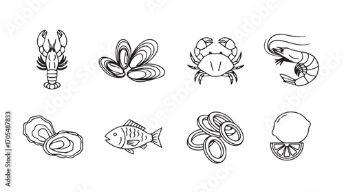 Collection of eight distinct seafood and shellfish illustrations in a bold silhouette style