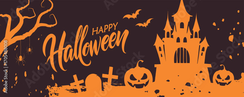 Happy Halloween festive banner. Hand lettering, haunted castle, scary pumpkin and cemetery. Spooky holiday night. Vector illustration.