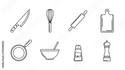Collection of kitchen utensils and tools in a simple silhouette design