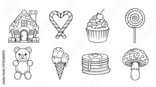 Collection of sweet treats and candies in a charming silhouette style