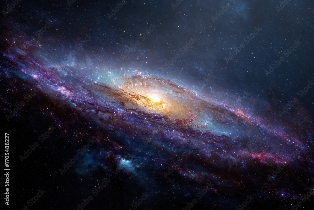 Fototapeta premium Vibrant spiral galaxy with a glowing yellow core and colorful cosmic dust clouds in deep space.