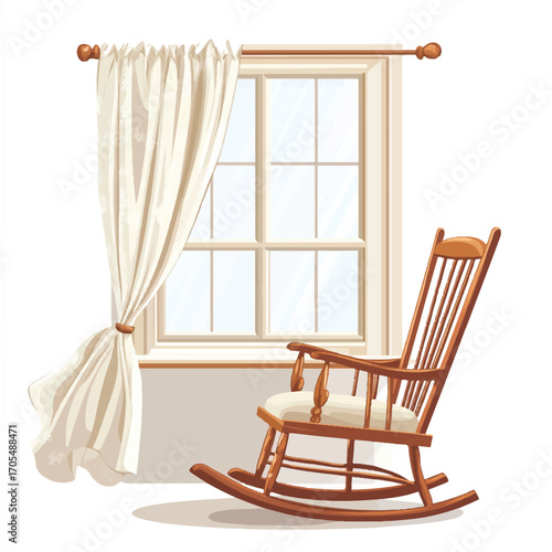  A classic wooden rocking chair with a cushioned seat placed near a window
