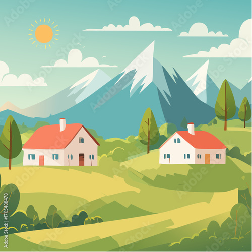 Vector illustration of a rural landscape or farm with houses, mountains, trees and grass. Freehand drawing of a sunny summer day in the village.