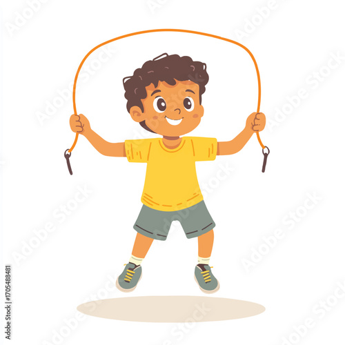 A happy young boy is jumping rope outdoors on a sunny day