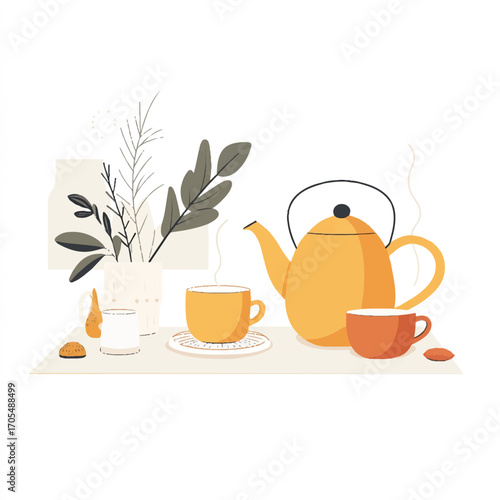 A modern flat illustration of a yellow teapot and cups for a cozy tea time