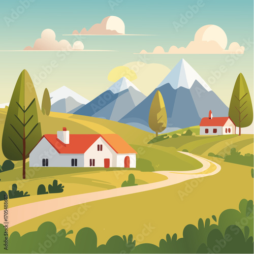 Vector illustration of a rural landscape or farm with houses, mountains, trees and grass. Freehand drawing of a sunny summer day in the village.