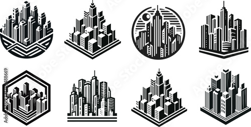 set of Minimal outline cityscape silhouette logo illustration.