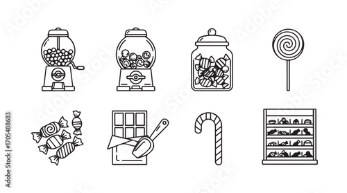 Collection of vintage candy and sweet treats in a simple silhouette style