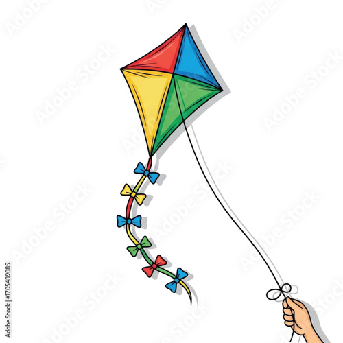 Colorful Diamond Kite Flying High with a Tail and String Held by a Hand.