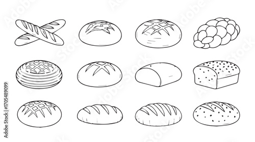 Collection of various bread types rendered in a charming hand drawn silhouette style