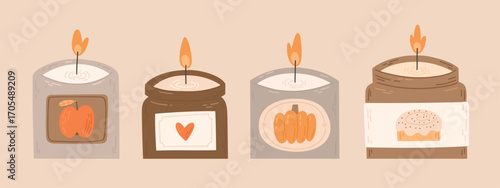 Autumn scented candles set. Cute vector illustrations in cartoon style. Lit jar fall collection candles with apple,  cinnamon bun, pumpkin smells. Cozy illustration on beige background.