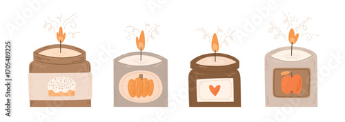 Autumn scented candles set. Cute vector illustrations in cartoon style. Lit jar fall collection candles with apple,  cinnamon bun, pumpkin smells. Cozy illustration isolated on white background.