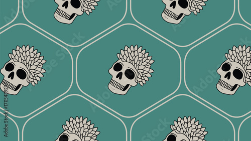 Repeated skull pattern with floral headdress on teal background with white geometric outlines design