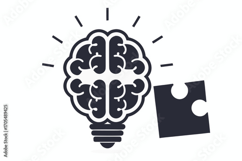 Brain with lightbulb element featuring missing jigsaw piece shows concept generation idea