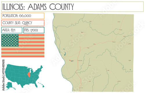 Large and detailed map of Adams County in Illinois USA.