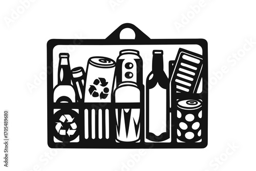 Bottles, cans, glass, and paper are placed in a recycling container