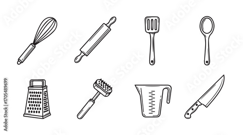 Collection of hand drawn kitchen utensils in a sketchy silhouette style