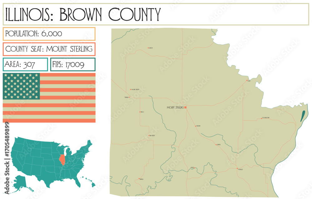 Fototapeta Large and detailed map of Brown County in Illinois USA.