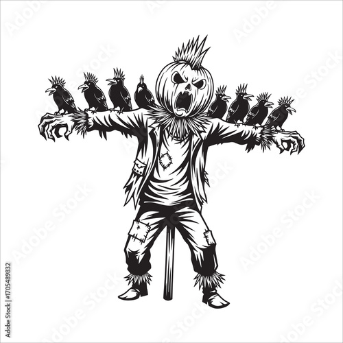 Vector art of scarecrow with crows perched on its shoulders