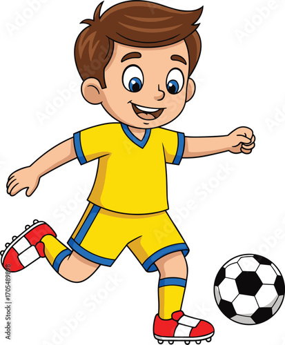 Cartoon boy playing soccer in yellow uniform kicking ball, energetic pose, sports activity vector illustration for children’s fitness and fun