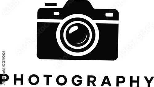 Photography Logo Icon – Black and White Camera Graphic with Bold Text for Creative Branding, Media, and Visual Arts Themes