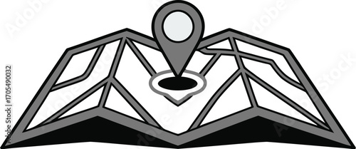 Map with Location Pin Icon – Black and White Navigation Symbol for Travel, GPS, Destination, and Geographic Use