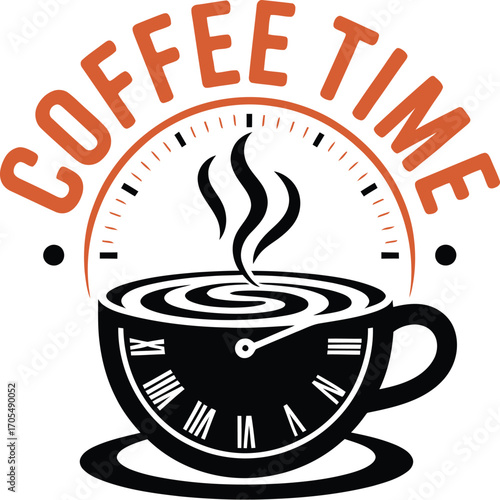 Coffee Time Clock Icon – Stylized Cup with Roman Numerals and Steam for Café Branding, Morning Routine, and Lifestyle Themes