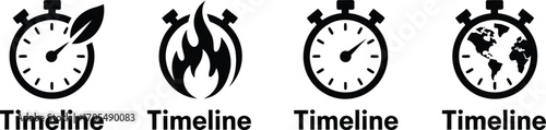 Timeline Icon Set – Feather, Flame, Earth, and Stopwatch Symbols in Black Silhouette for History, Data, and Global Themes