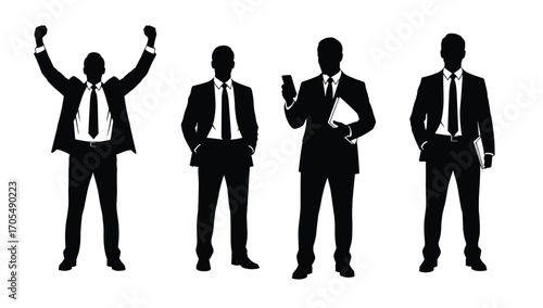 PrintBusiness silhouettes, corporate professionals, confident poses, office attire, leadership, teamwork, success, communication, career growth, modern workplace, executive style