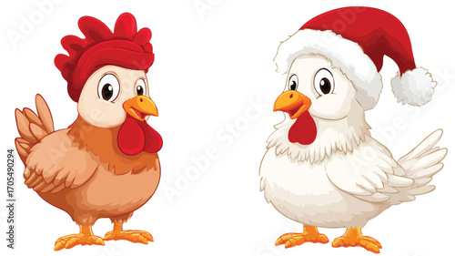 Cheerful Cartoon Chicken in Stylish Red Hat and White Christmas Scarf