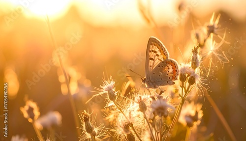 Golden sunset, butterfly on wildflowers