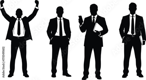PrintBusiness silhouettes, corporate professionals, confident poses, office attire, leadership, teamwork, success, communication, career growth, modern workplace, executive style