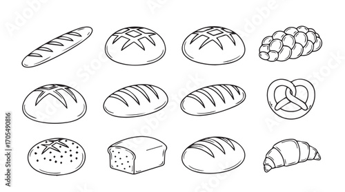 Collection of various bread types rendered in a charming hand drawn silhouette style