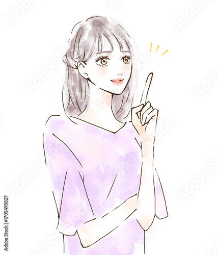 指をさす女性　水彩風の手描きイラスト