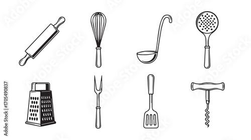 Collection of hand drawn kitchen utensils in a distinctive silhouette style