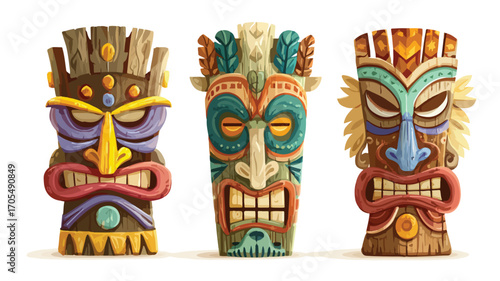 Cartoon Tiki Mask Set: Tribal Wooden Hawaii Totem - Exotic Tribal Art Collection
