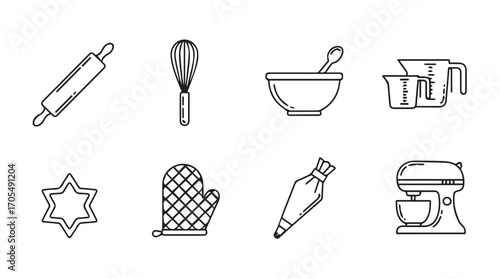 Collection of baking tools and utensils in a simple line art silhouette style