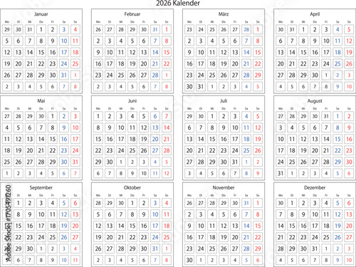A simple and clear 2026 German calendar showing the entire year at a glance. Perfect for planning, scheduling, and organizing events with a European date format