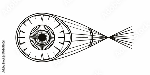 Stylized eye illustration with radiating lines emanating from the back in black and white drawing