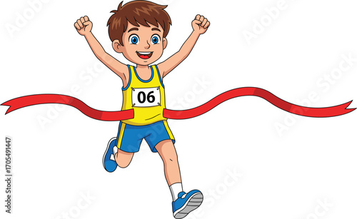 Cartoon boy winning race with arms raised, crossing red finish ribbon, smiling athlete, sports victory moment, energetic running celebration scene