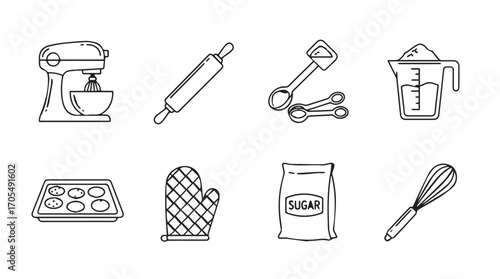 Collection of baking utensils and tools in a simple silhouette style